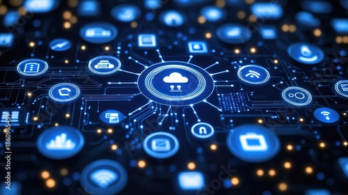 Digital Circuit Board with Connected Tech Icons, Emphasizing Cloud - Centric Networking