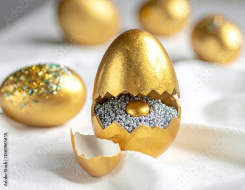 Cracked golden egg reveals silver beads and golden yolk on white cloth