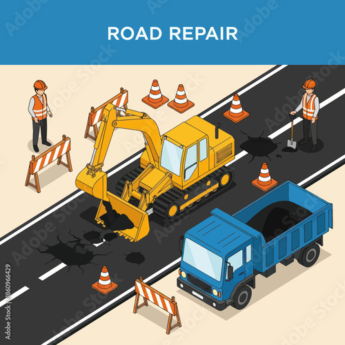 Excavator and Dump Truck on Road Repair.