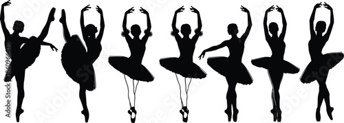 Set of ballet dancer silhouettes, black ballerina woman poses, graceful dancing girl in tutu, classic artistic performance vector icons.