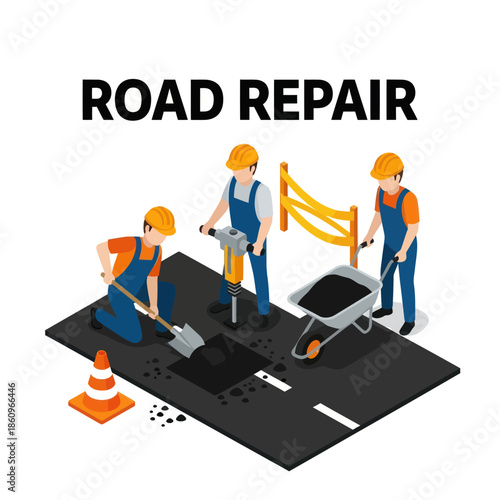 Road Repair Workers Fixing Asphalt Surface.