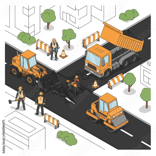 Road Construction Site with Workers and Machinery.