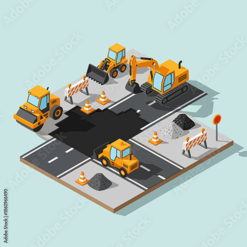 Construction Site with Heavy Machinery Vehicles.