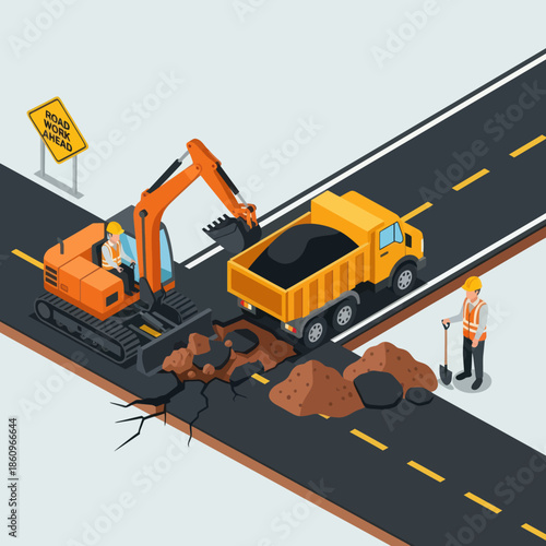 Road Construction Site with Excavator and Dump Truck.