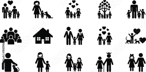 Set of black family icons, diverse parents with children, LGBTQ couples, home symbol, love hearts, and community pictograms collection.