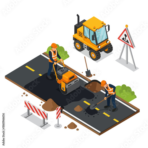 Road Construction Workers with Heavy Machinery.