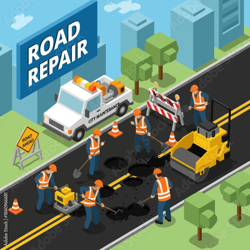 Roadworkers Repairing Potholes on Highway.