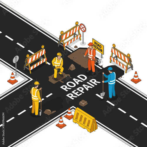 Road Repair Workers Maintenance Construction Site.