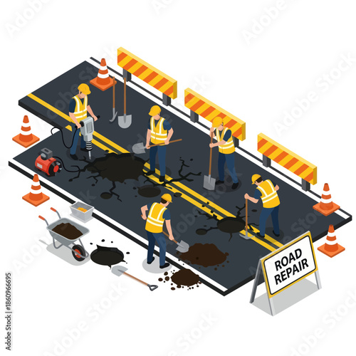 Road Workers Repairing Asphalt Surface.