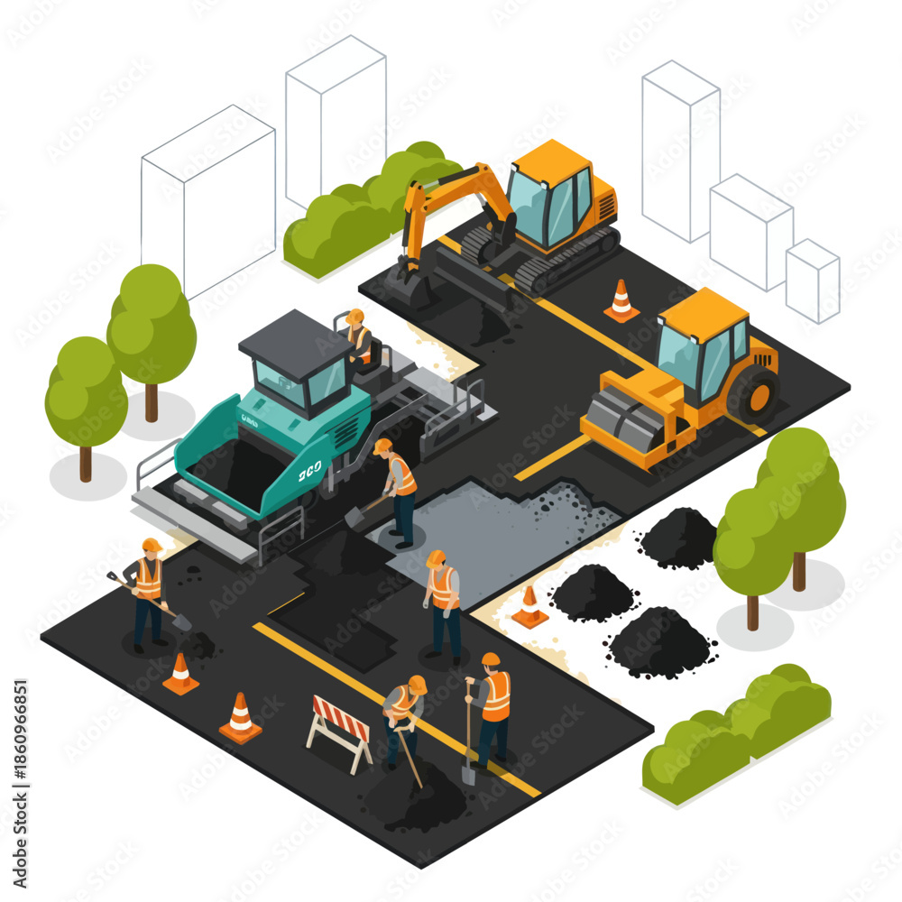 Obraz premium Construction Site with Workers and Machinery.
