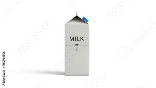 A minimalist 3D render of a white milk carton with a blue cap, isolated on a clean white background. Fresh dairy product concept.