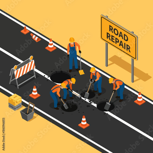 Road Workers Repairing Pothole on Highway.