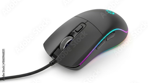 Sleek black gaming mouse with vibrant RGB lighting and braided cable, isolated on a white background. Perfect for e-sports and PC gaming setups.