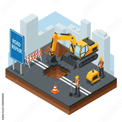Road Repair Scene with Excavator and Workers.