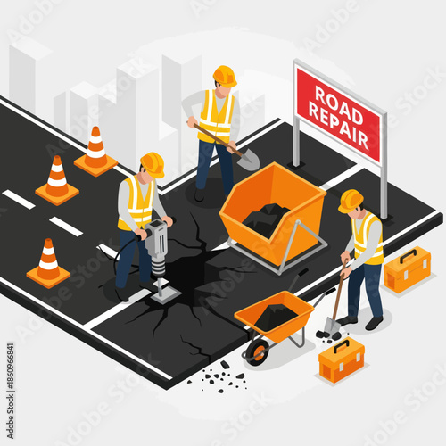 Roadworkers Repairing Potholes on City Street.