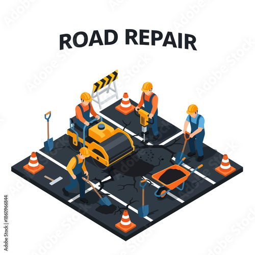 Road Workers Repairing Asphalt with Machinery.