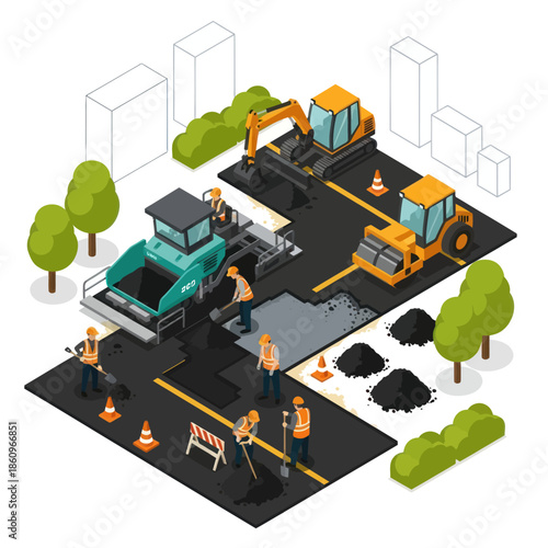 Construction Site with Workers and Machinery.