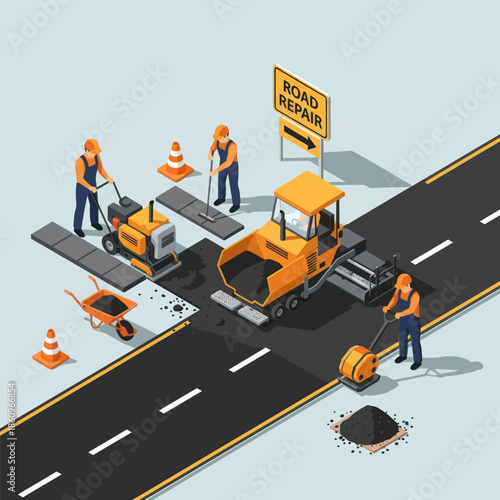 Road Construction Workers with Heavy Machinery.