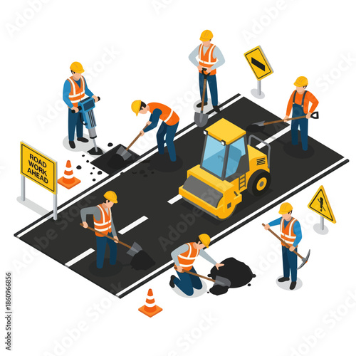 Road Construction Workers Repairing Asphalt Roadway.