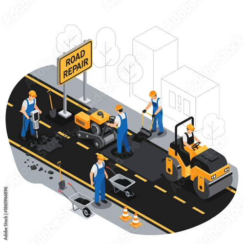 Road Repair Workers with Heavy Machinery.