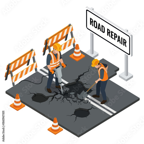 Road Workers Repairing Damaged Asphalt Surface.