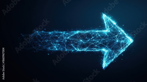 A mesmerizing digital arrow, aglow with a network of blue light, points toward progress against a captivating dark background. ..Created with Generative AI, not depicting real subjects.