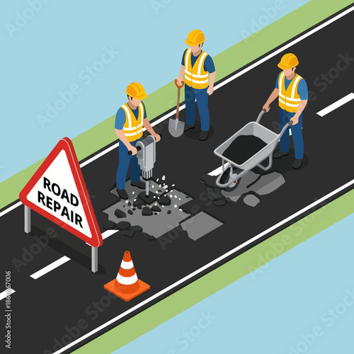 Road Workers Repairing Damaged Asphalt Surface.