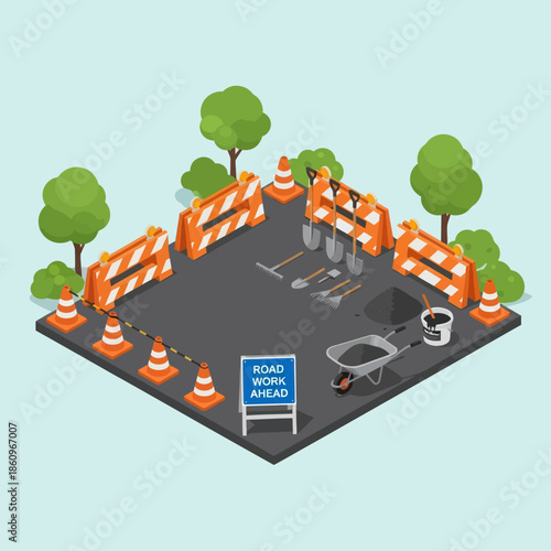 Road Construction Site with Barriers and Cones.