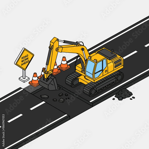 Yellow Excavator on Roadway with Cones.