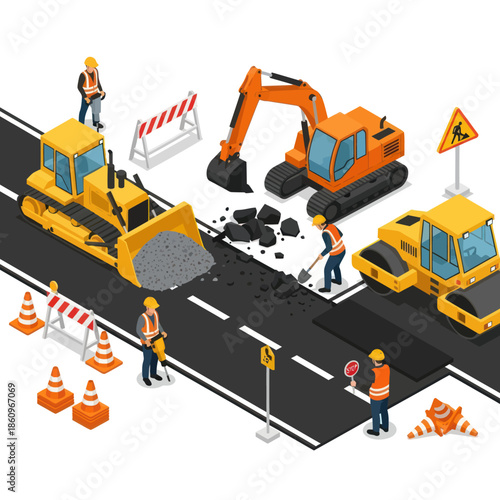Road Construction Site with Heavy Machinery Workers.