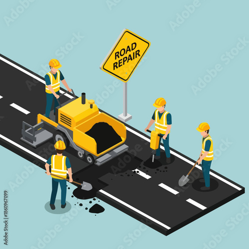 Road Repair Crew with Machinery and Tools.