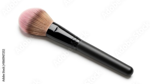 Professional makeup brush with soft pink and brown bristles and a sleek black handle, isolated on a white background. Ideal for beauty and cosmetics.