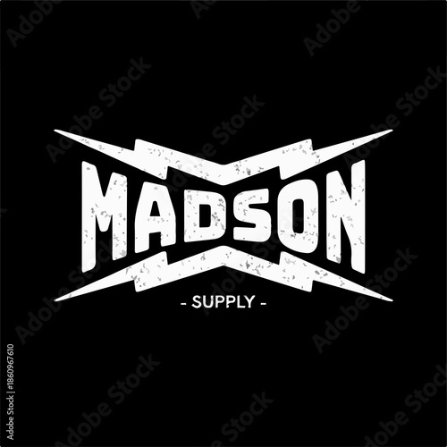 MADSON SUPPLY Logo – Bold Distressed White Text with Lightning Accents on Black Background