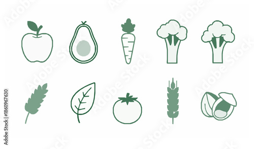 Organic Vegan Food Green Line Art Icon Set Minimal Outline Vector