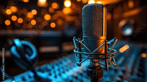 Professional Microphone on Recording Studio Console with Bokeh Background