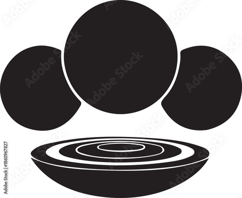 Abstract three black circles floating above a concentric ripple design