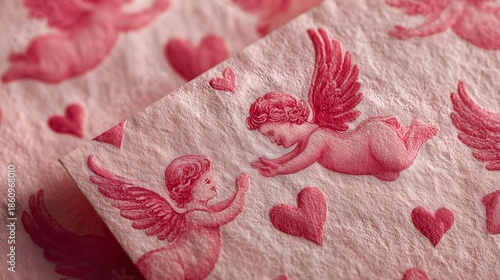 Handcrafted pink paper with artistic design of cherubs and hearts suitable for Valentine's Day celebration and love letters