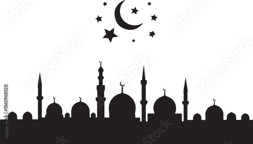 Black silhouette of mosque skyline with crescent moon and stars