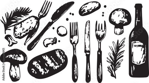 Vector illustration of a restaurant menu design featuring a dinner plate with food icons and a cutlery set of fork knife and spoon symbols for kitchen dining and meal service