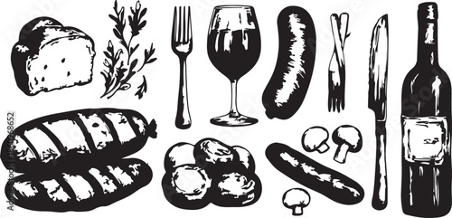 Vintage hand-drawn doodle set of food and drinks featuring restaurant icons like meat, pizza, and wine sketches for a kitchen menu illustration