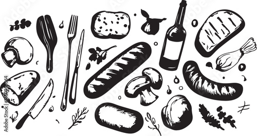 Hand drawn vintage sketch set of food and cat icons featuring bread sausage coffee and wine symbols in a vector cartoon illustration design for restaurant art