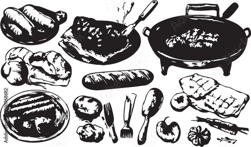 Hand drawn vintage vector set of barbecue grill icons featuring meat and vegetable meal sketches for an artistic food illustration collection