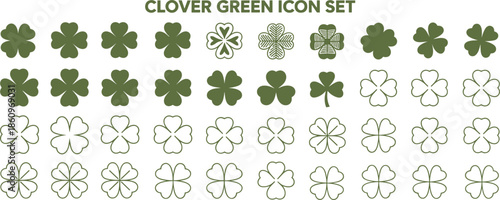 Collection of green clover icons in various styles and designs Keywords: clover, shamrock, four
