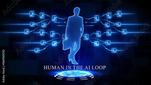 Silhouette of a businessman in a digital network with glowing blue lines and nodes artificial intelligence