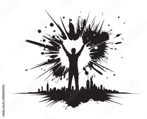 Man Celebrating with Arms Raised in City Skyline Silhouette