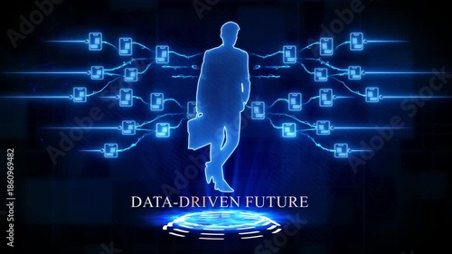 Data-driven future concept with a businessman silhouette in a digital network image photo