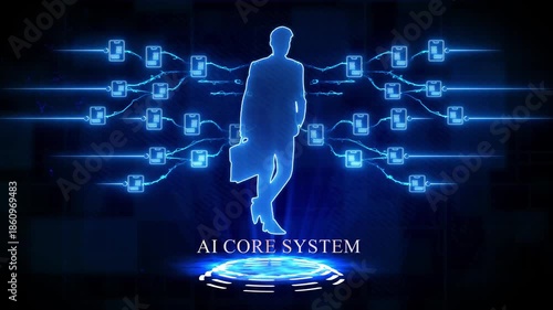 AI core system visualized with a businessman silhouette and digital network connections image photo