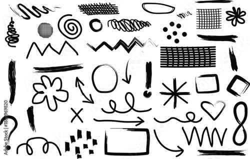 collection of black brush shapes, strokes, abstract pattern of irregular shapes, vibrant  multicolored starburst, array of abstract symbols