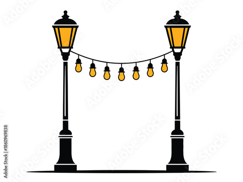 Vintage street lamps with decorative string lights outdoor city park lighting setup vector illustration isolated icon