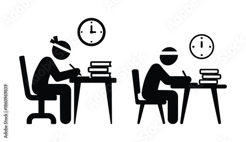 Students studying hard at desks with books and clocks indicating focused late night session vector